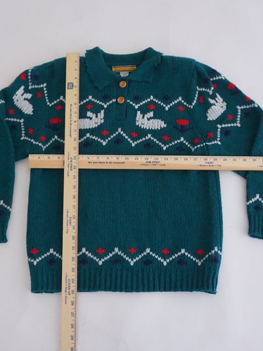 Vintage Bryn Connelly Green Bunny 15% Wool Fair Isle Knit Collared Sweater L - Picture 3 of 10